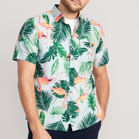 Old‎ Navy Men's Flamingo Shirt Cotton Button Front Beach Tropical Green 2XL - Picture 1 of 4